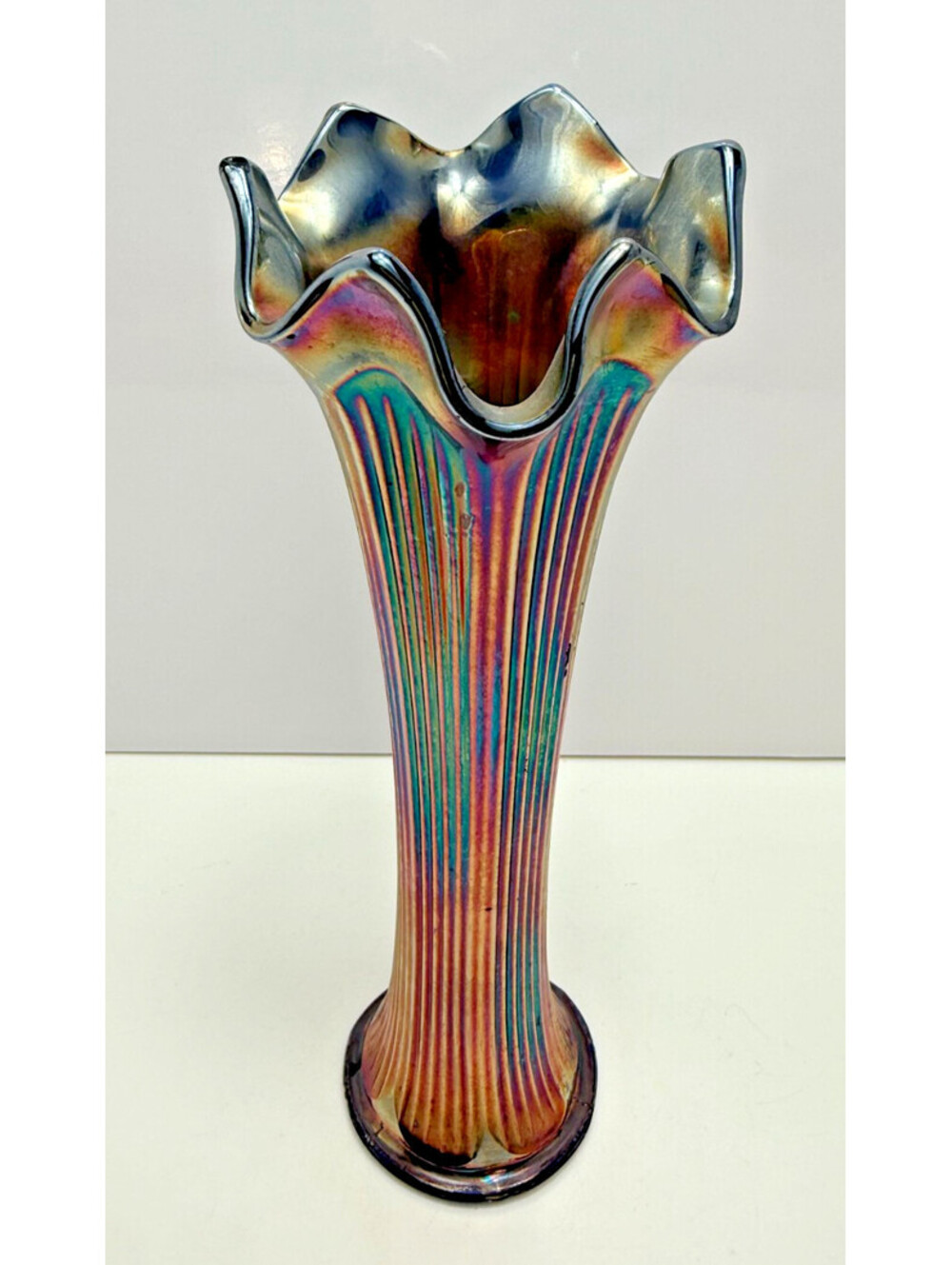 Vtg Cobalt Blue Carnival Glass Ruffle Vase Ribbed Antique 9.5"H